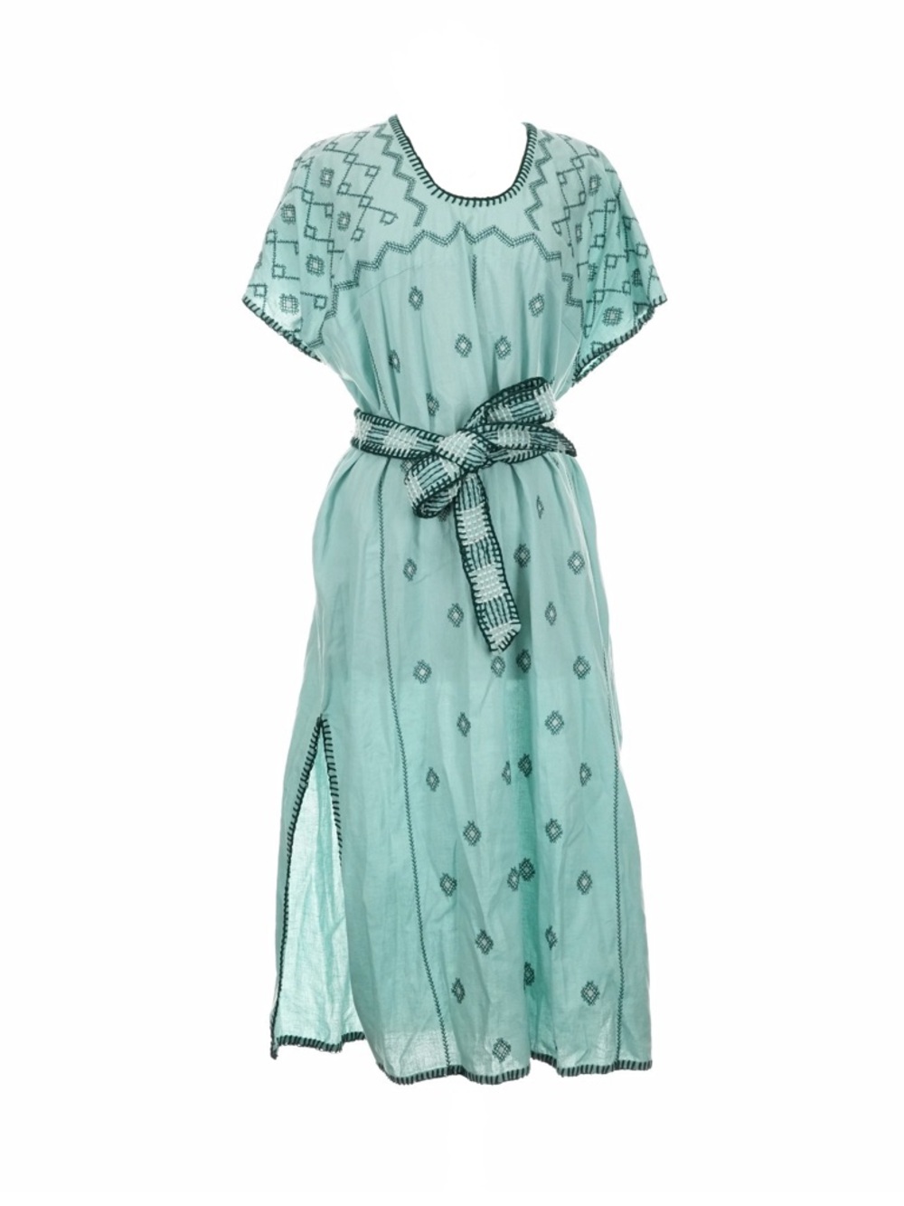 Zara Embroidered Linen Blend Caftan Midi Dress Mint Green Boho Tunic Tie Belt